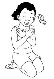 A line drawing of a woman with her arms crossed over her chest. Her hands are on her shoulders. Her legs are bent underneath her and eyes are closed. A butterfly is next to her right ear.